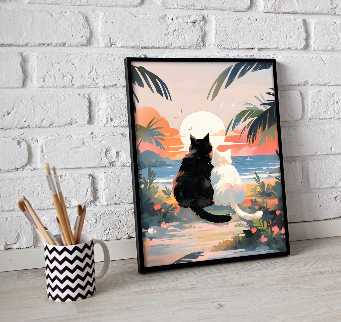Cute Cat Couple Sunset Beach Valentines Gift - Image 2