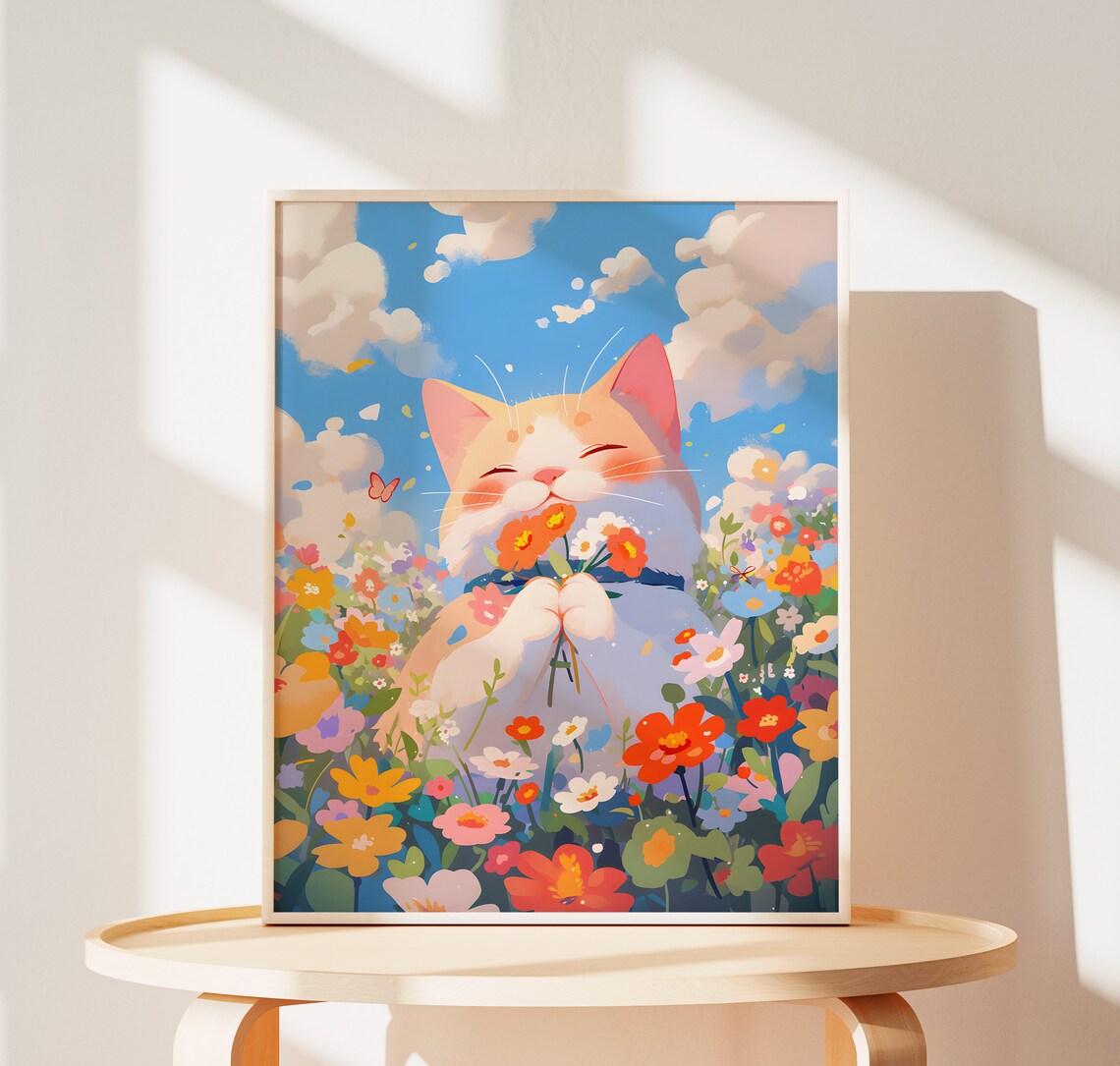 Cute Cat Floral Art Print, Cats Birthday Wall Decor