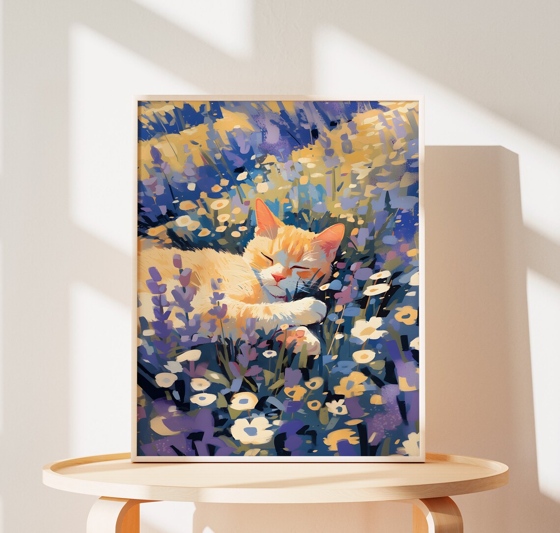Ginger Cat and Lavender, Provence Wall Art Print
