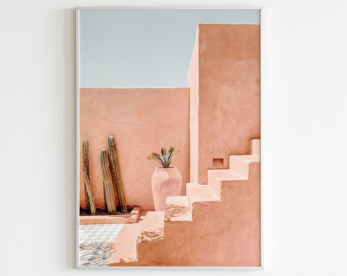 Terracotta Staircase Wall Art Cactus Print Stairs Print Cacti Print Architecture Wall Art Desert Art Pastel Tone Print
