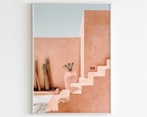 Terracotta Staircase Wall Art Cactus Print Stairs Print Cacti Print Architecture Wall Art Desert Art Pastel Tone Print