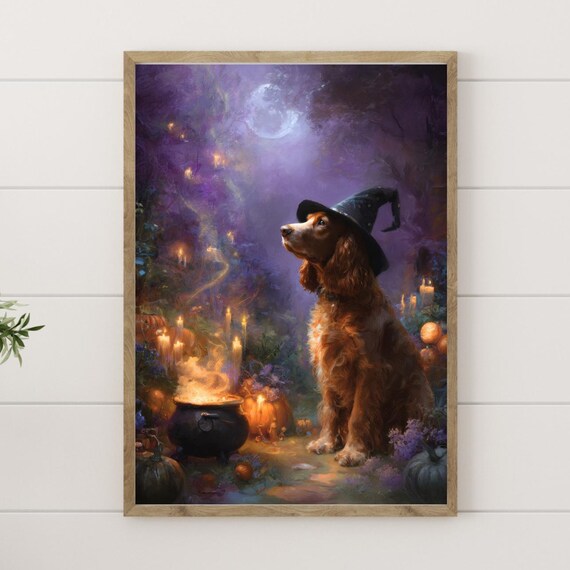 Witchy Cocker Spaniel Art Print Mystical Dog Wall Magic Cauldron Painting Witch Decor Gift