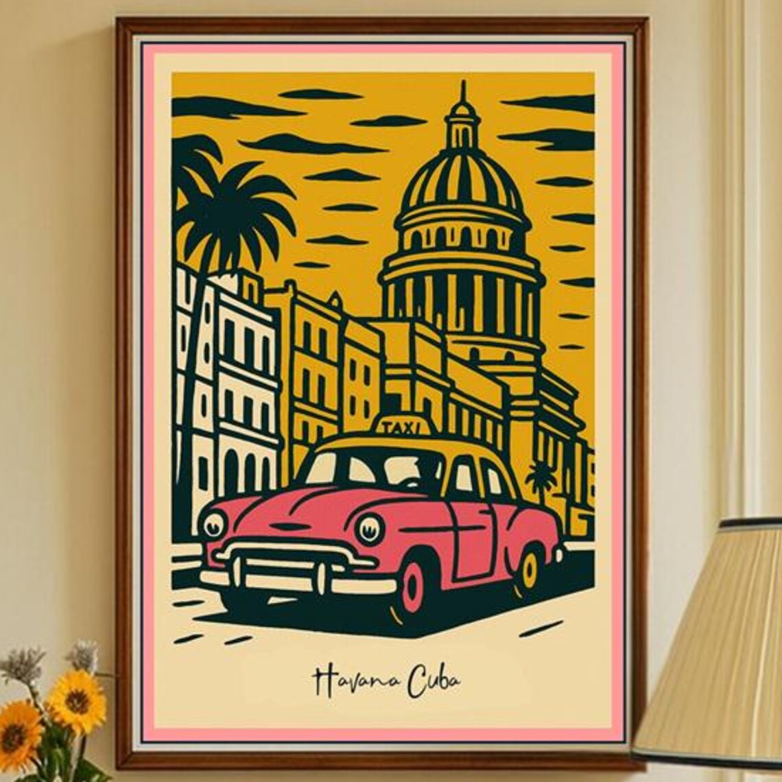 Havana Cuba Vintage Classic Pink Taxi Capitolio Linocut Travel Poster