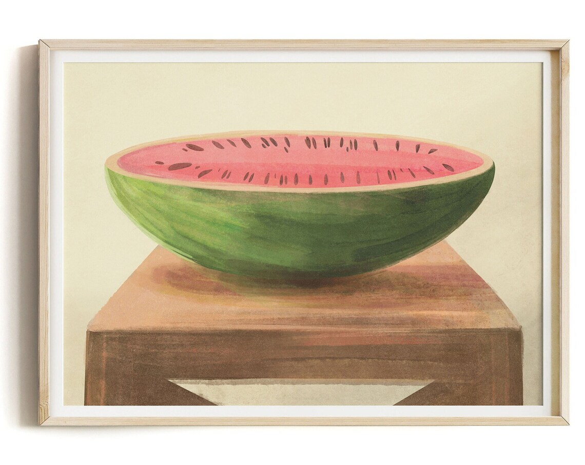 Half Watermelon Watercolor Still Life On Wooden Stool Poster - Image 2