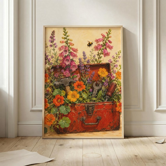 Vintage Red Toolbox Wildflower Garden Rustic Floral Art Poster