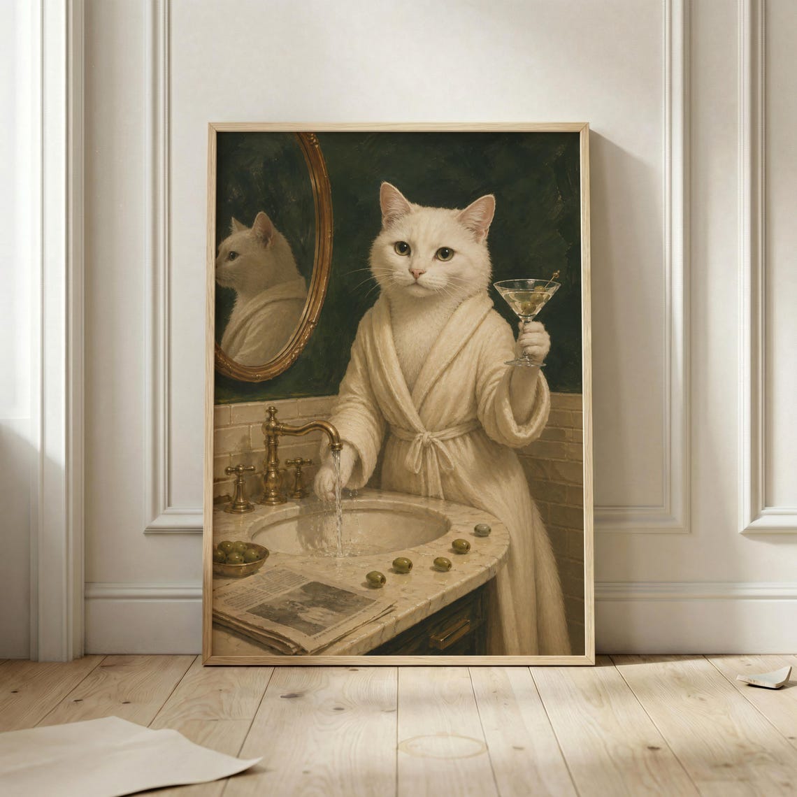 White Cat Spa Wall Art Print Elegant Bathroom Poster Martini Kitty Artwork Vintage Animal Decor Whimsical Home Bar