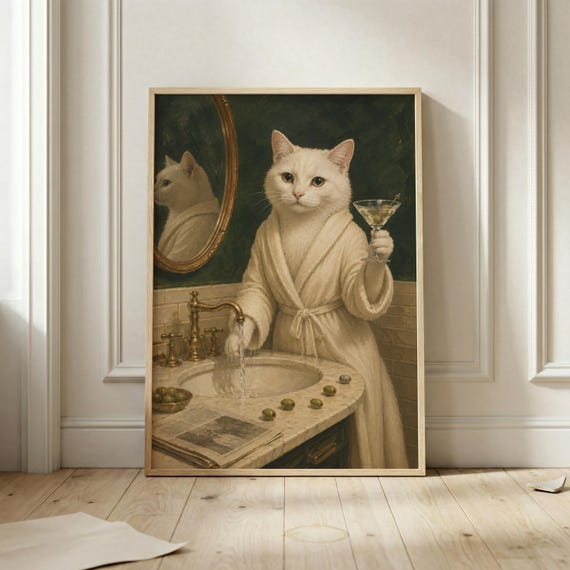 White Cat Spa Wall Art Print Elegant Bathroom Poster Martini Kitty Artwork Vintage Animal Decor Whimsical Home Bar
