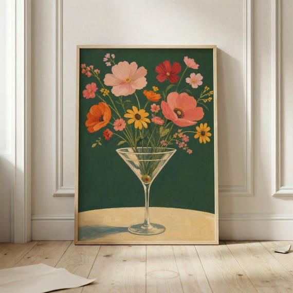 Floral Martini Wall Art Flower Cocktail Poster Botanical Print Dark Green Bar Cart Decor Colorful Kitchen Dining Room Artwork