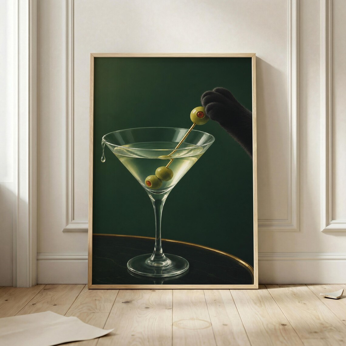 Black Cat Paw Martini Olive Poster Dark Green Funny Cocktail Wall Decor