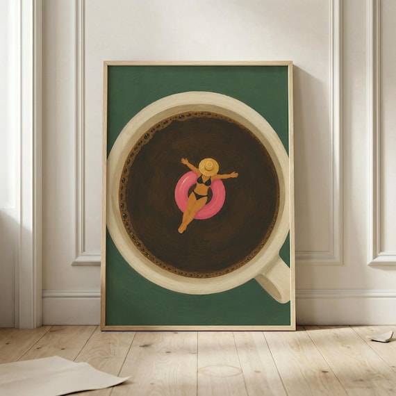 Woman Floating in Giant Coffee Cup Surreal Green Background Poster