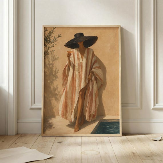 Poolside Woman Poster Mediterranean Resort Wall Art Print Striped Kaftan Summer Cocktail Decor