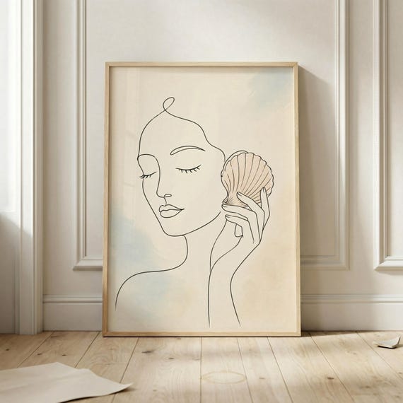 Minimalist Shell Woman Poster Coastal Line Art Wall Print Seashell Feminine Beach Neutral Decor