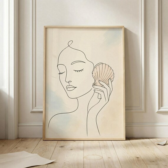 Minimalist Woman Seashell Line Art Coastal Face Neutral Beige Wall Poster