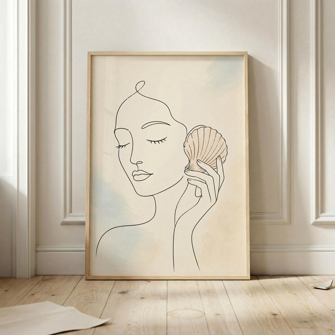 Minimalist Woman Seashell Line Art Coastal Face Neutral Beige Wall Poster