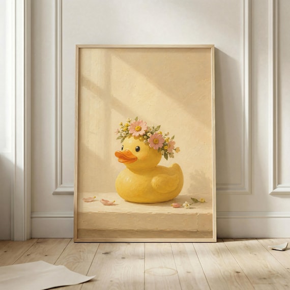 Cute Yellow Duck Wearing Flower Crown Soft Pastel Painting Poster