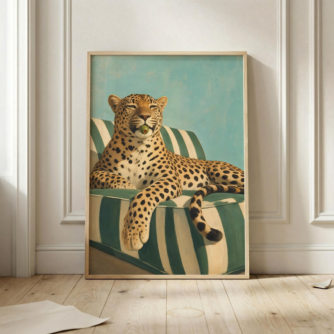 Leopard With Olive Poster, Quirky Maximalist Art Print