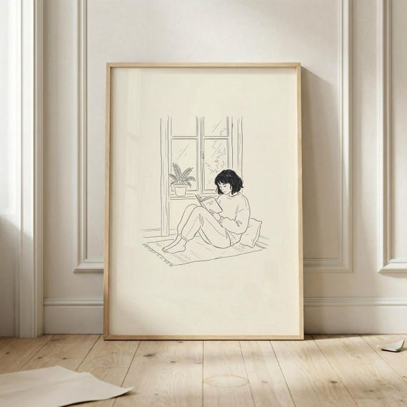 Minimalist Reading Girl Wall Art Cozy Book Lover Poster Black And White Line Drawing Quiet Nook Decor Scandinavian Printable