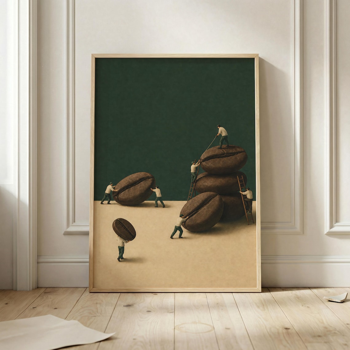 Coffee Bean Workers, Surreal Cafe Kitchen Art Print