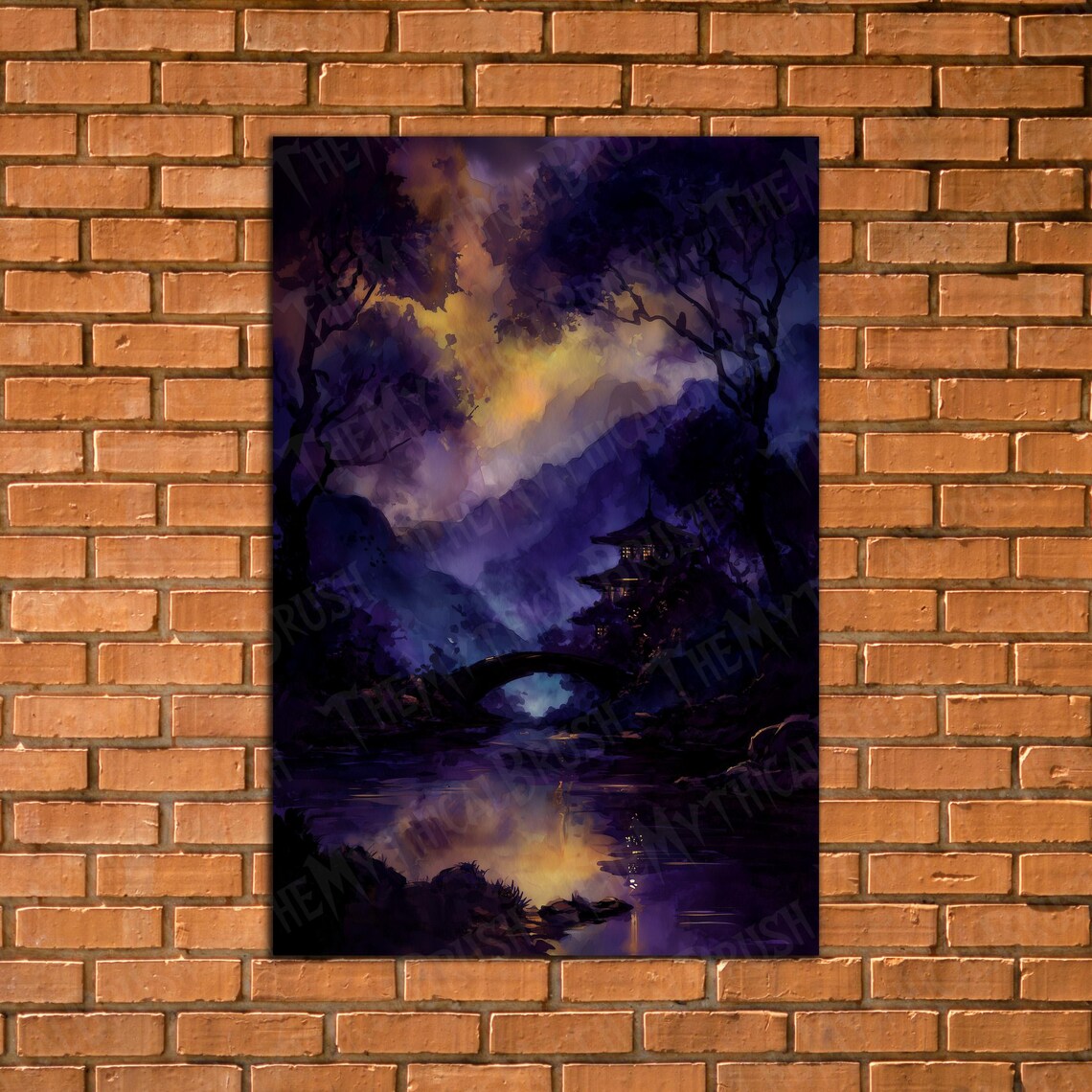 Japan Purple Night Pagoda Bridge Lake Watercolor Fine Art Poster