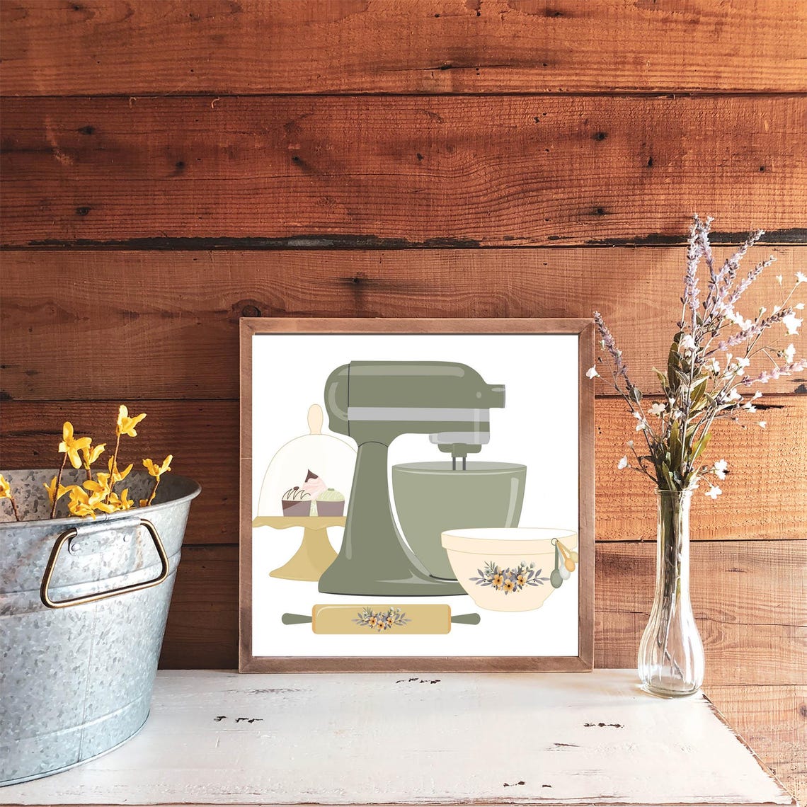 Sage Green Stand Mixer Baking Kitchen Illustration Floral Bowl Poster - Image 8