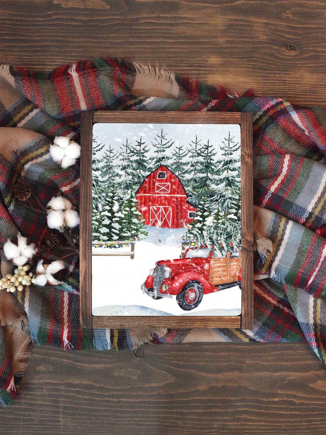 Christmas Tree Farm Red Barn Vintage Red Car Snowy Holiday Poster - Image 2