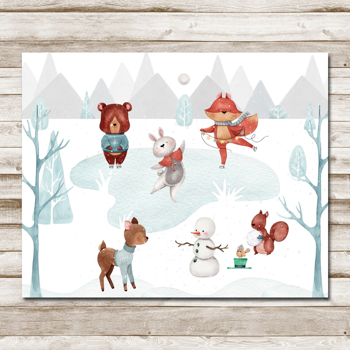 Winter Woodland Animals Ice Skating Watercolor Nursery Forest Poster - Image 4