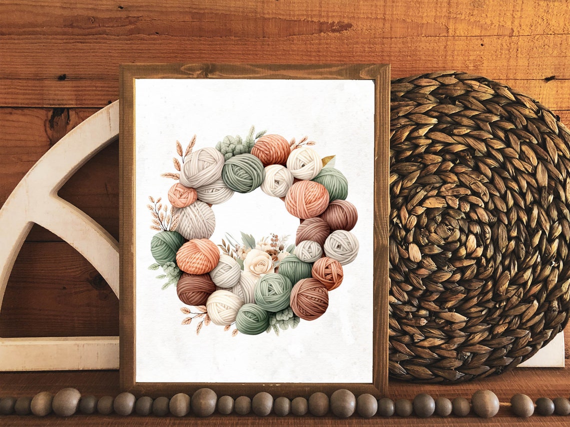 Pastel Yarn Ball Wreath Watercolor Knitting Craft Room Wall Art - Image 2