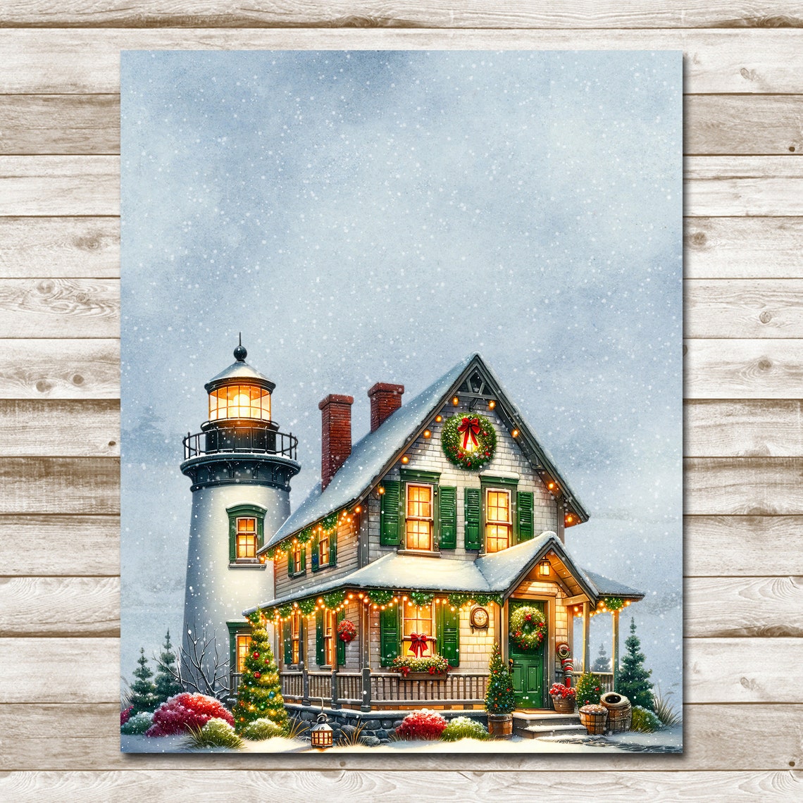 Winter Lighthouse Cottage Scene With Snow and Christmas Lights Poster - Image 4