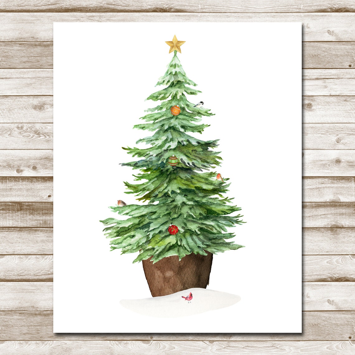 Watercolor Christmas Tree With Gold Star And Cardinal Woodland Poster - Image 4