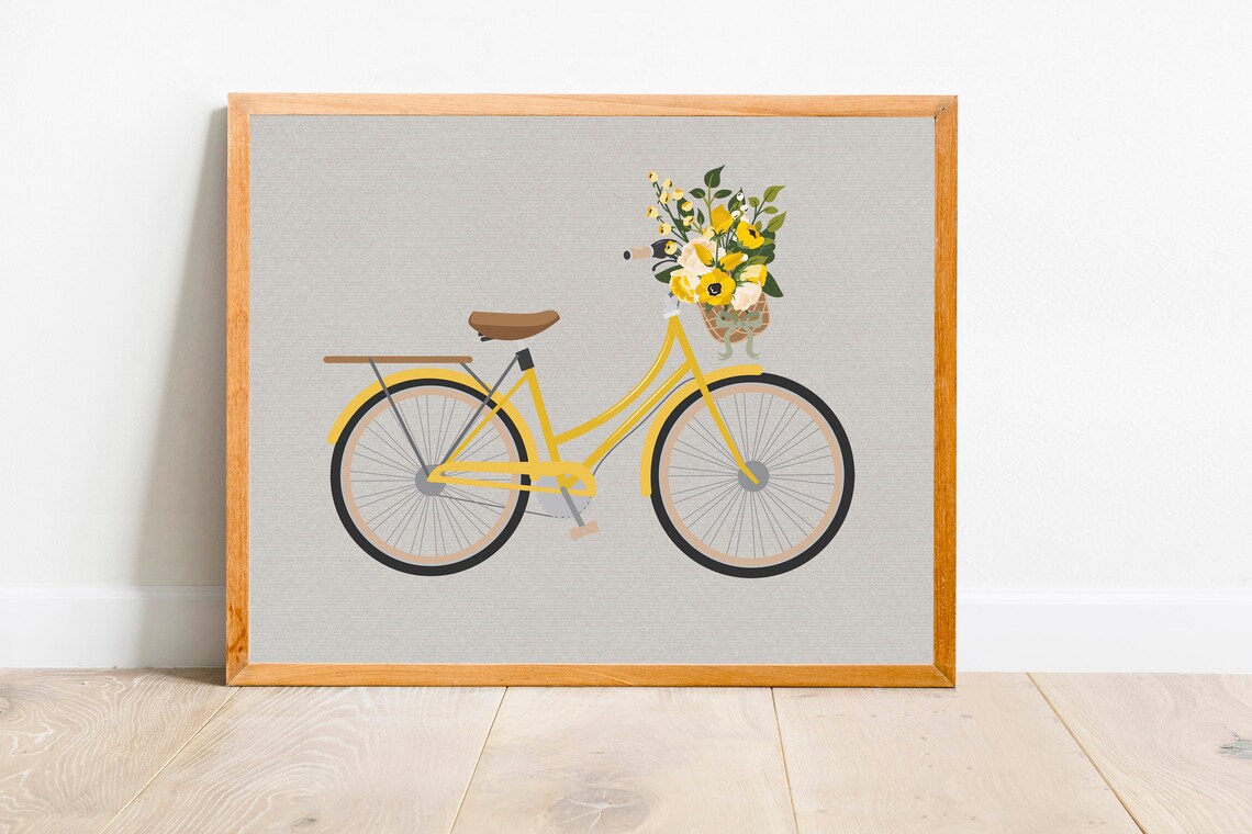 Yellow Vintage Bicycle With Flower Basket Minimalist Retro Bike Poster - Image 2