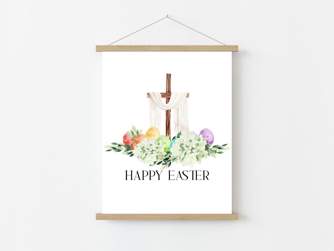 Happy Easter Cross With White Drape Hydrangea Watercolor Poster - Image 7