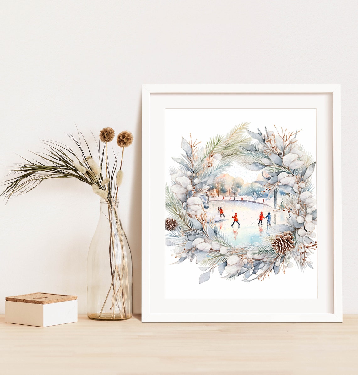 Winter Wreath Ice Skaters Frozen Pond Christmas Scene Wall Poster - Image 3