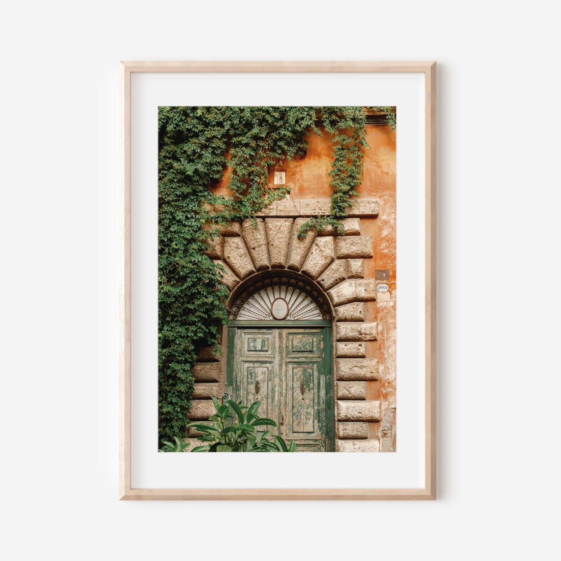 Weathered Green Door on a Rustic Italian Street Lined With Ivy Poster