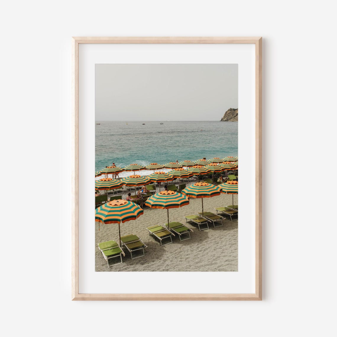 Striped Beach Umbrellas on Italian Seaside Resort Shore Poster