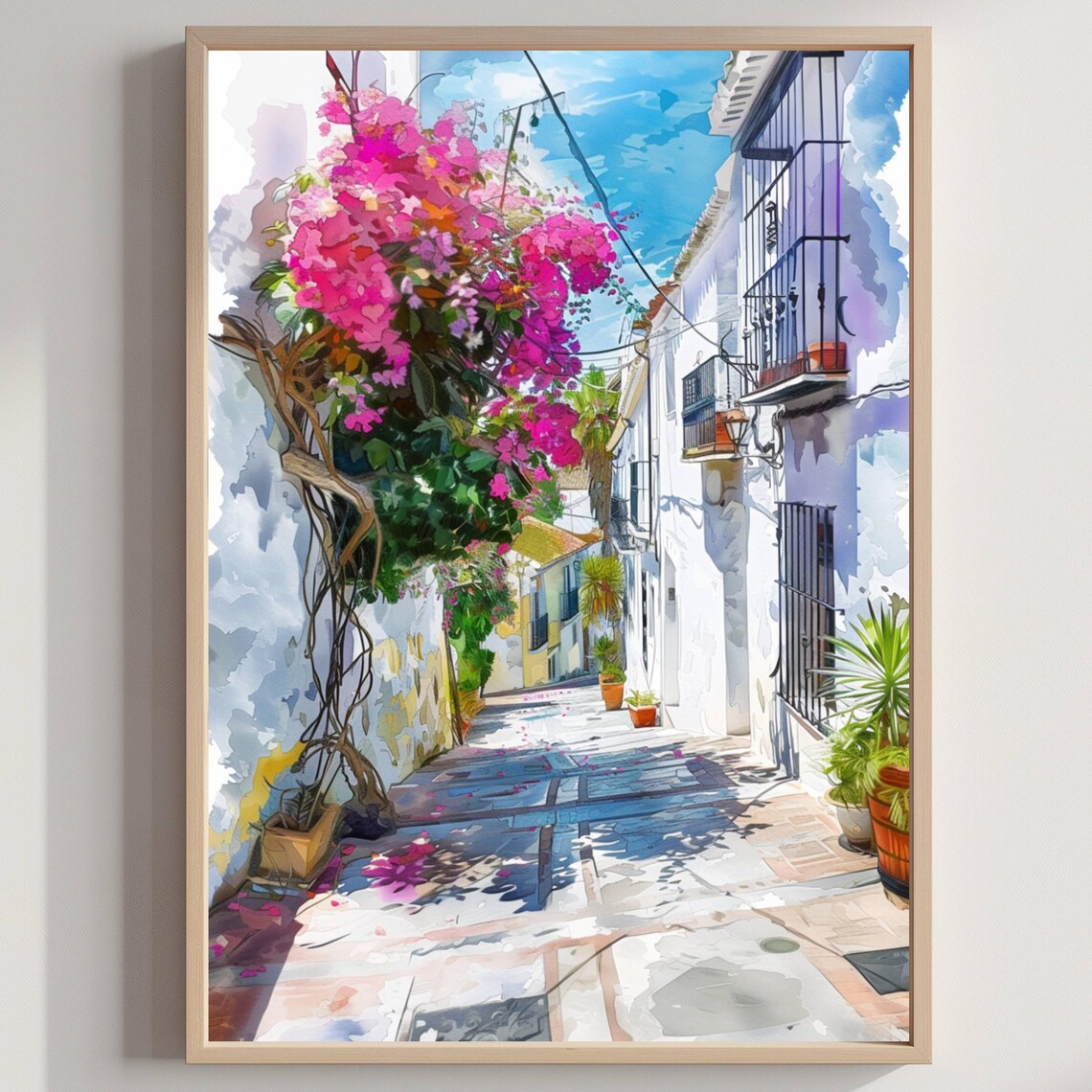 Estepona Spain Flower Filled White Village Street Watercolor Poster