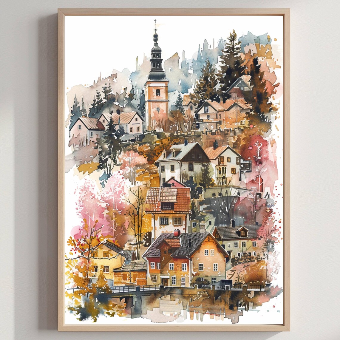 Autumn European Village Church Tower Fall Foliage Watercolor Poster