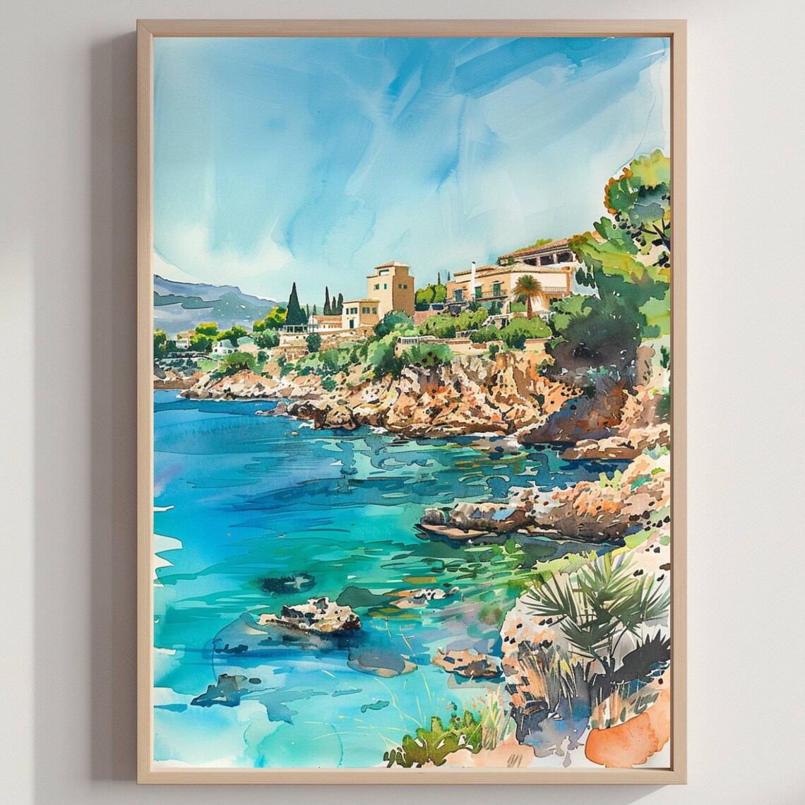 Mediterranean Rocky Cove Watercolor Turquoise Sea Cliff Villa Poster