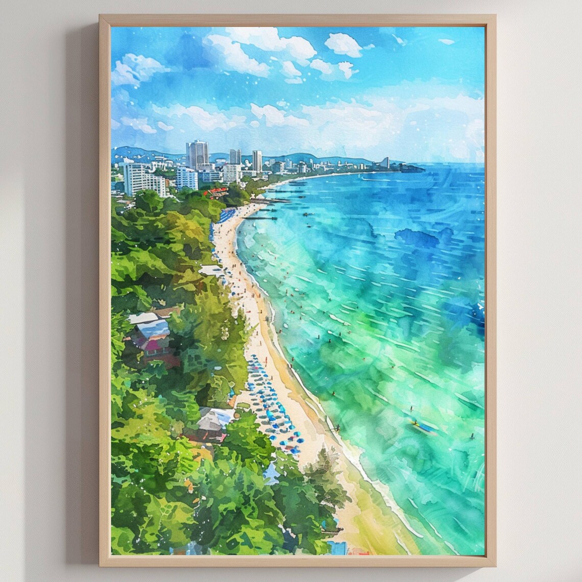 Tropical Bay Beach Aerial Watercolor Thailand Coast Travel Poster