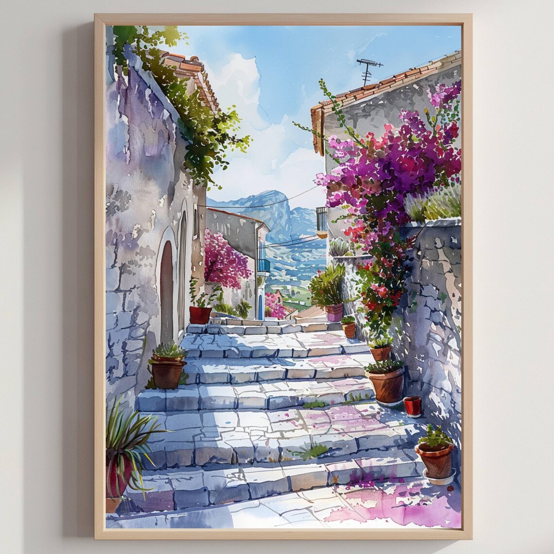 Sicily Italy Stone Village Alley Bougainvillea Watercolor Poster