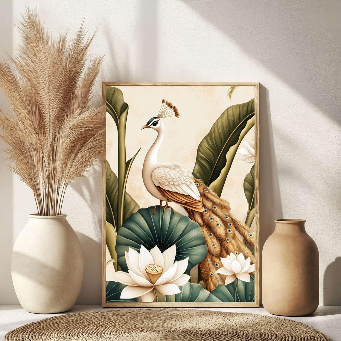 Golden White Peacock with Lotus Flowers Tropical Botanical Art Print