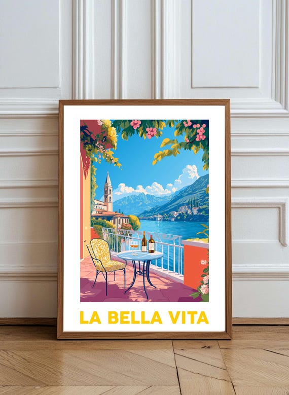 Lake Como La Dolce Vita Italian Travel Prints Poster Vintage Italy Illustration Coast Kitchen Decor
