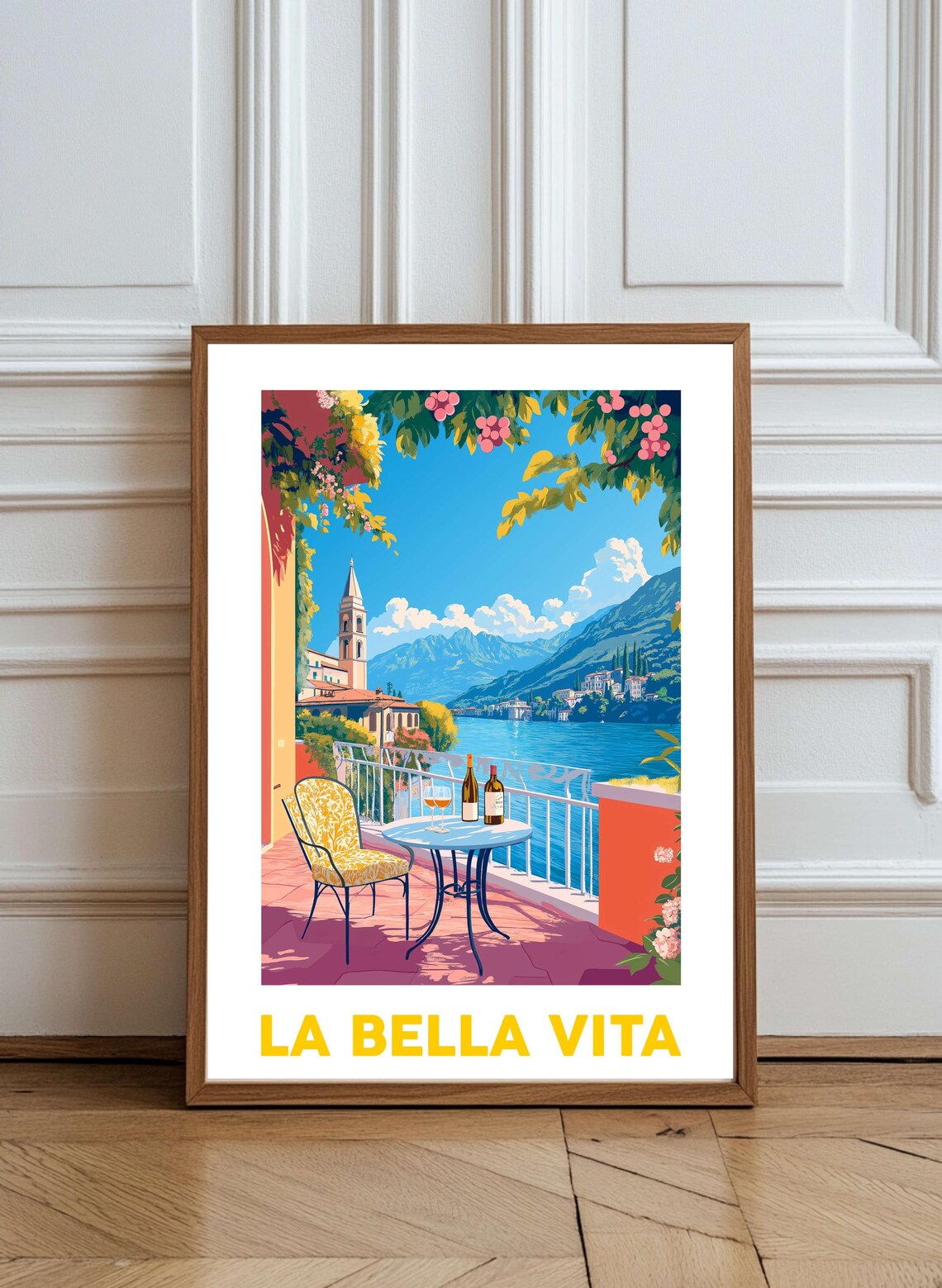 La Bella Vita Italian Lake Terrace Wine View Vintage Travel Poster