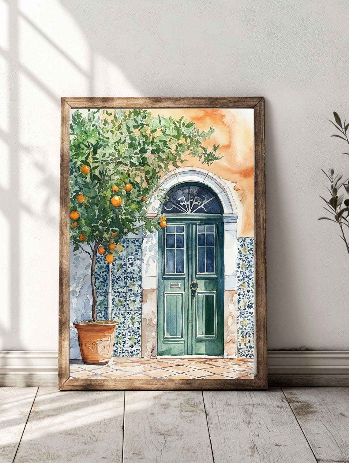 Portuguese Green Door Watercolor With Orange Tree Tiles Poster