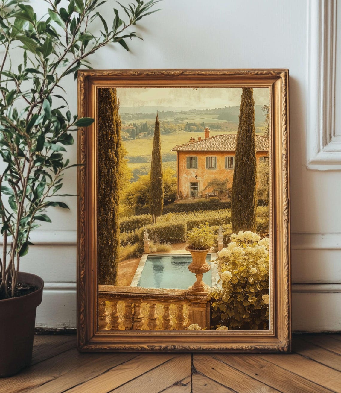 Tuscan Villa Balustrade Terrace Pool Hydrangea Garden Landscape Poster