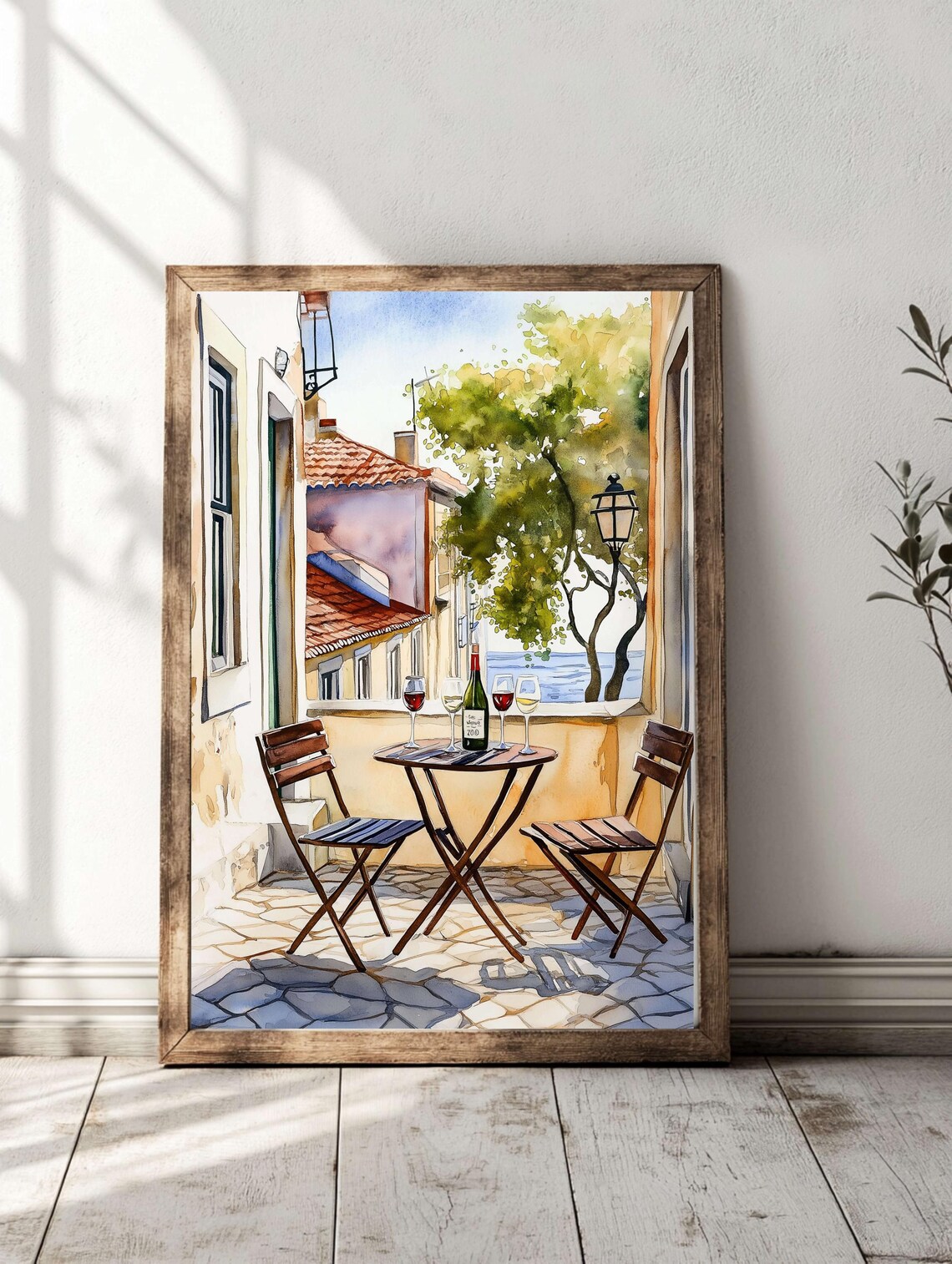 Lisbon Terrace Wine Glasses Sea View Watercolor Travel Poster