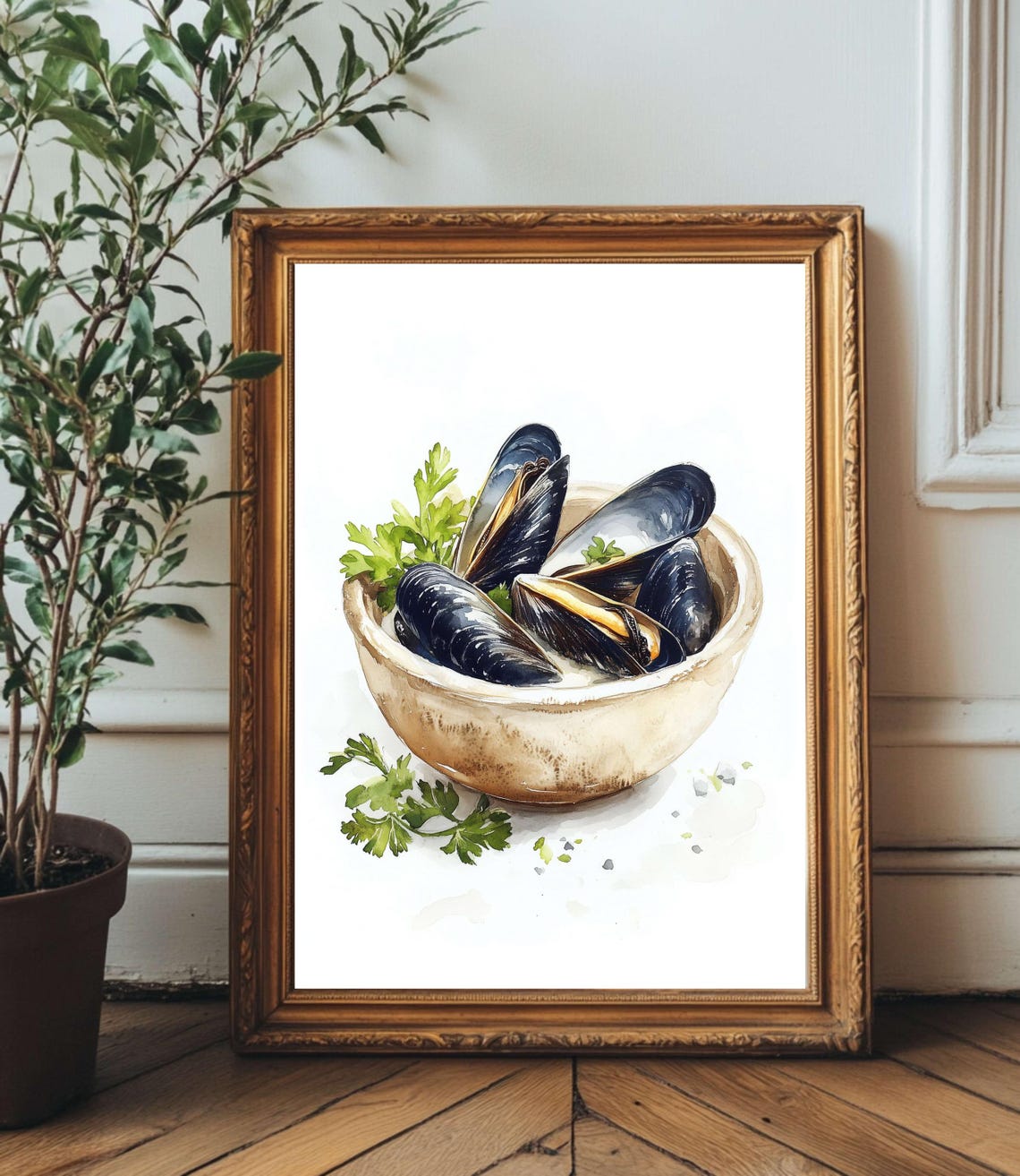 Mussels Watercolor Bowl Minimal White Coastal Seafood Kitchen Wall Art