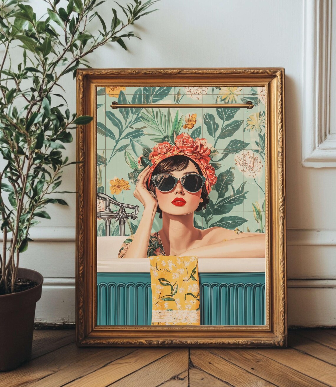 Retro Bathroom Floral Bathtub Poster Print