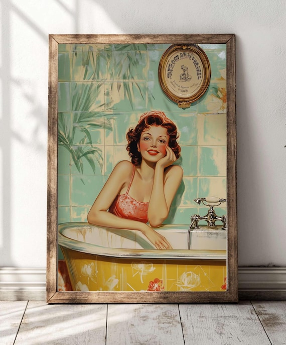 1950s Pinup Woman In Clawfoot Bathtub Retro Bathroom Glam Poster
