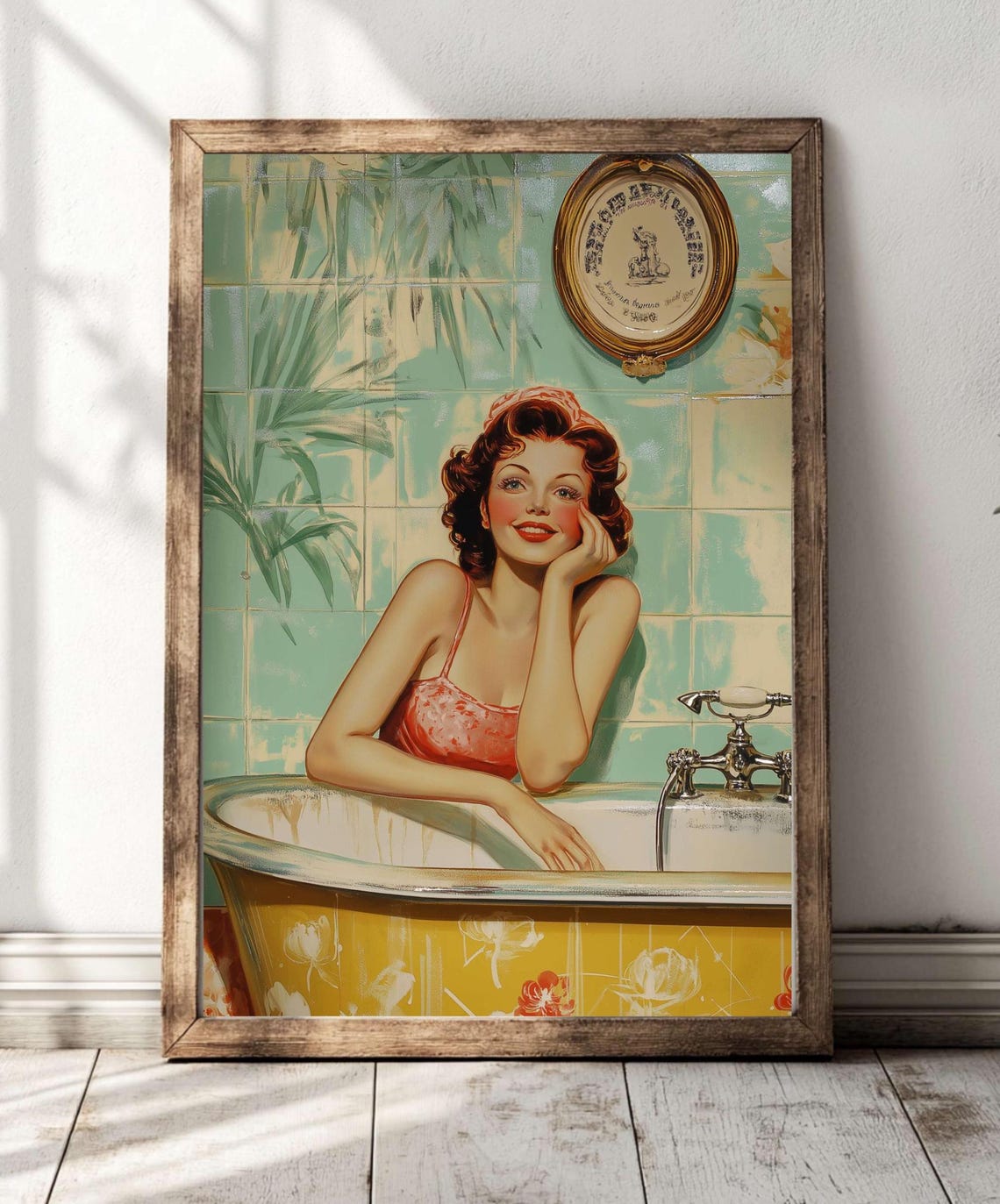 1950s Pinup Woman In Clawfoot Bathtub Retro Bathroom Glam Poster