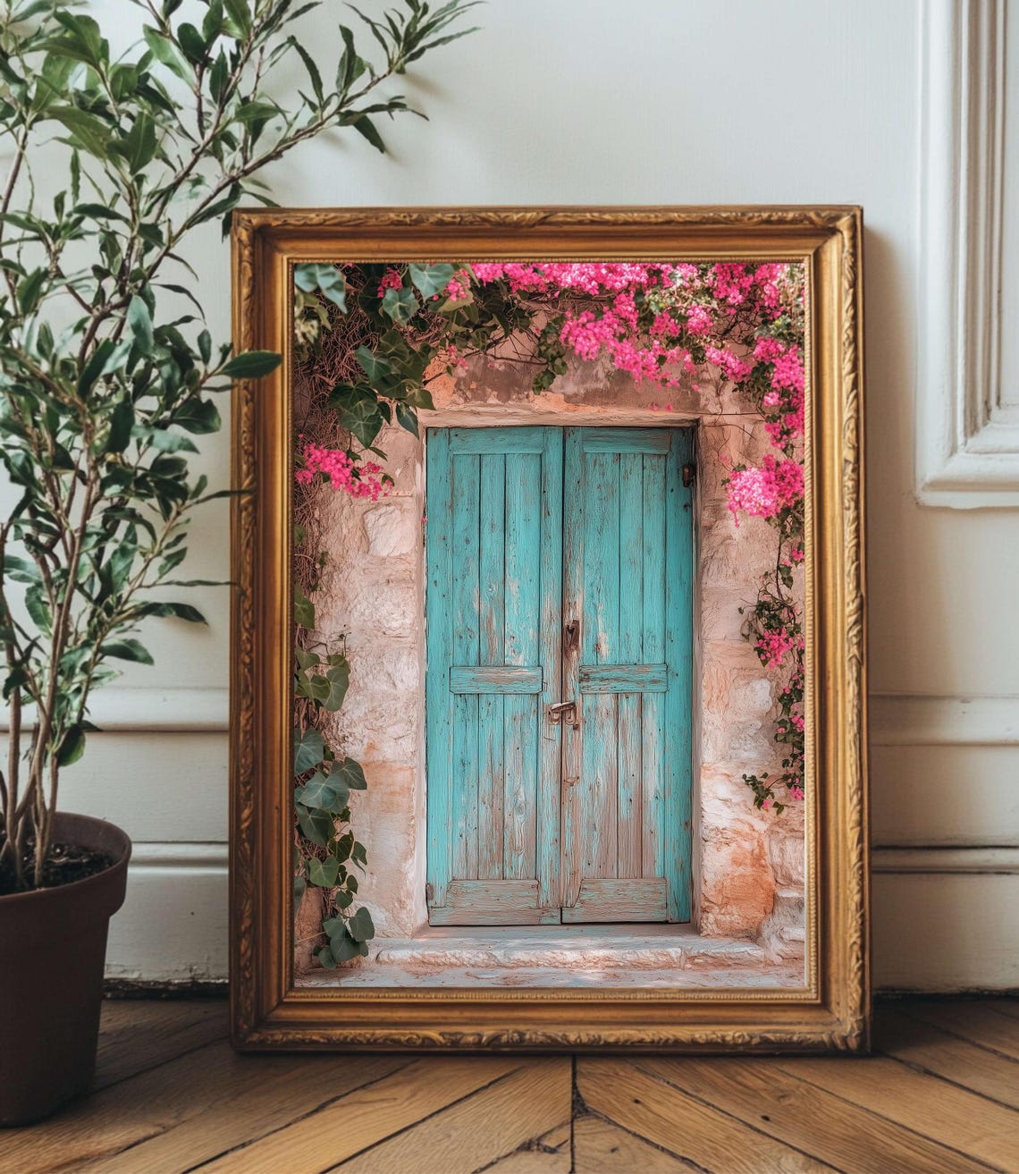 Rustic Turquoise Greek Door With Pink Bougainvillea Flower Poster
